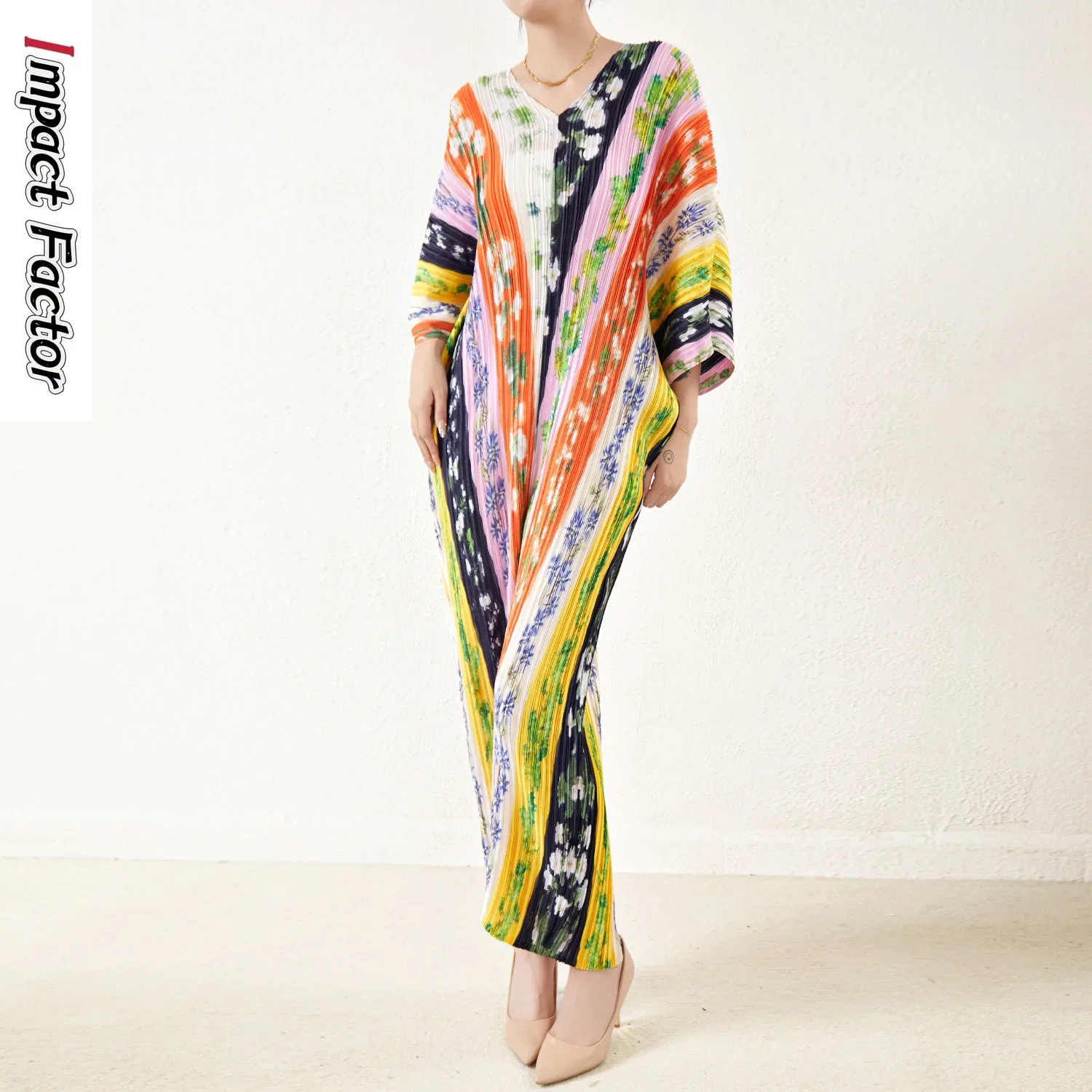 

Miyake Folded 2024 Spring and Autumn Women's V-neck Colored Printed Slimming and Meat Covering Super Fairy Long Dress