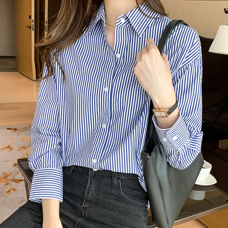 Women's Striped Women's Shirt Retro Casual Long-sleeved Work Shirt Loose Inner Wear Outer Wear Professional Shirt Versatile Tops