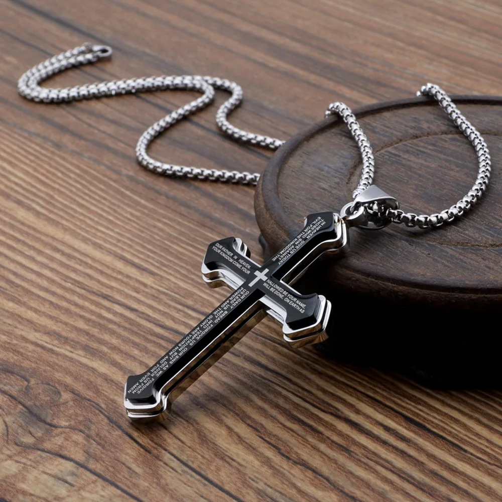 Vintage Christian Bible Text Stainless Steel Cross Pendant Necklace Punk Fashion Biker Amulet Men\'s Chain Necklace Jewelry Gift