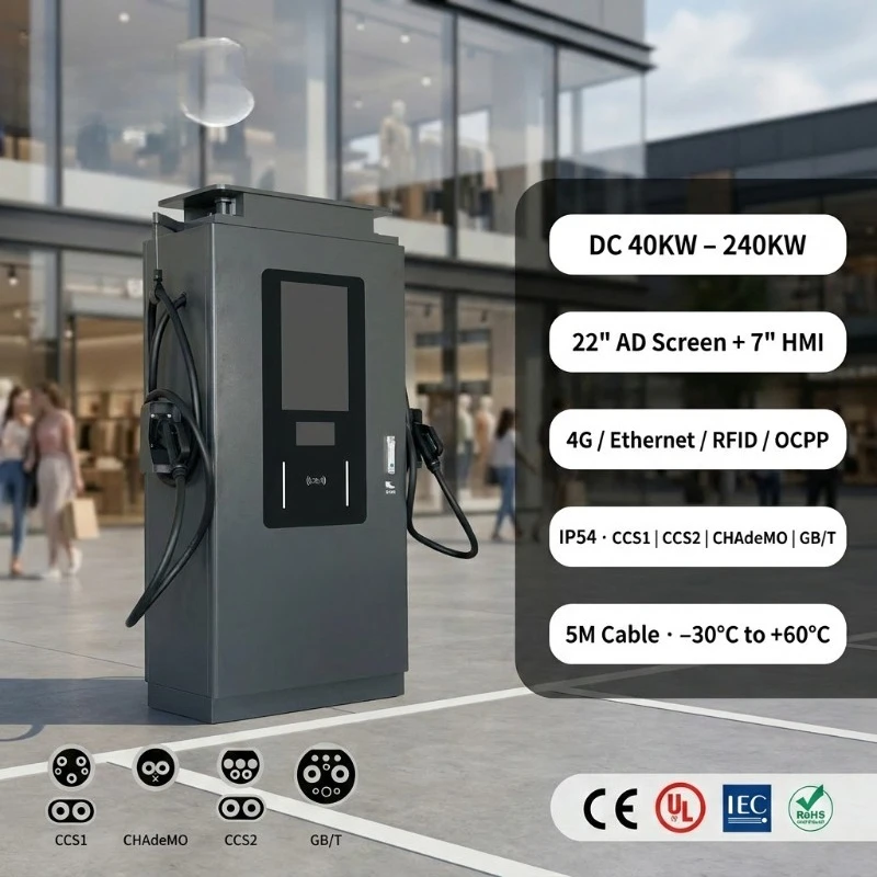 Customized 60KW 120KW 240KW Media DC EV Supercharger Double 22 Inch Screen CCS1 CCS2 CHADEMO GBT OCPP 1.6J 4G RFID IP54 EV Charg