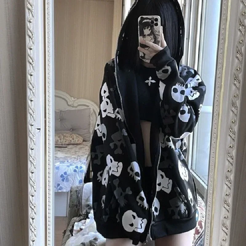 Autumn Gothic Harajuku Punk Hoodies Women Goth Tops Streetwear Y2k Black Long Sleeve Zip Up Hooded Rock Punk Sweatshirt