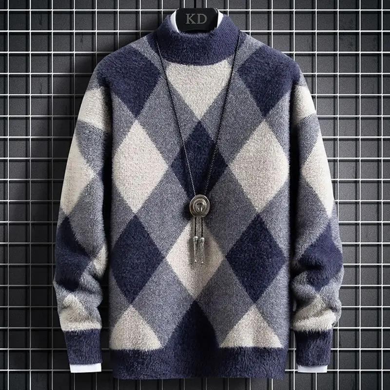 Fashion High Street Panelled Sweater Men Thicken Winter Chic Half High Collar Argyle Elastic Round Neck Long Sleeve Pullovers