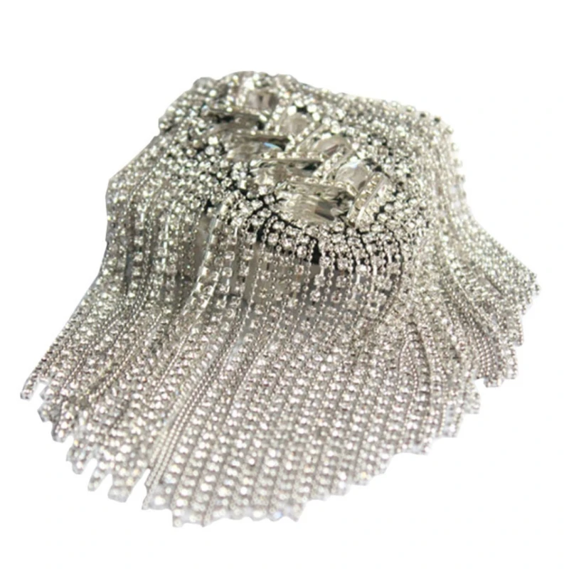 

Women Men Silver Punk Fringe Shoulder Board Badge Vintage Glitter for Rhinestone Tassels Chain Epaulet Uniform Accessori