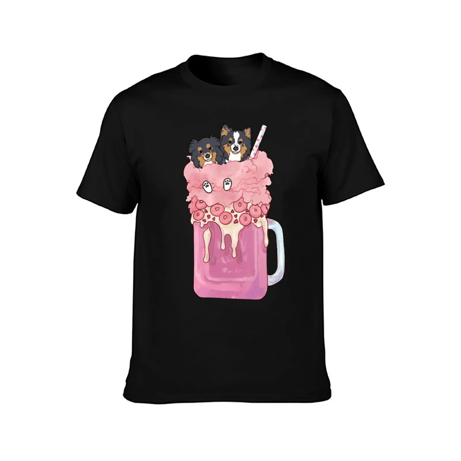 Shetland sheepdogs in Cotton candy pastel pink milkshake T-Shirt, Summer Casual Cotton Tee, Oversized Streetwear Tops