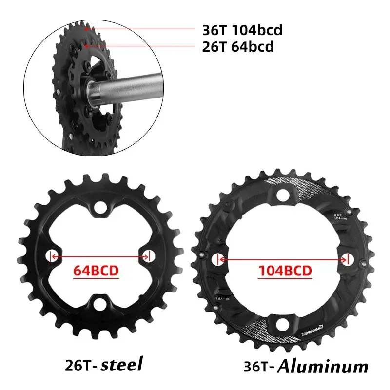 Prowheel Bicycle Chainring 104BCD 64BCD Chain Ring 26T 36T 28T 38T MTB Chainring Double Speed MTB Bike Chainwheel Bike Crown