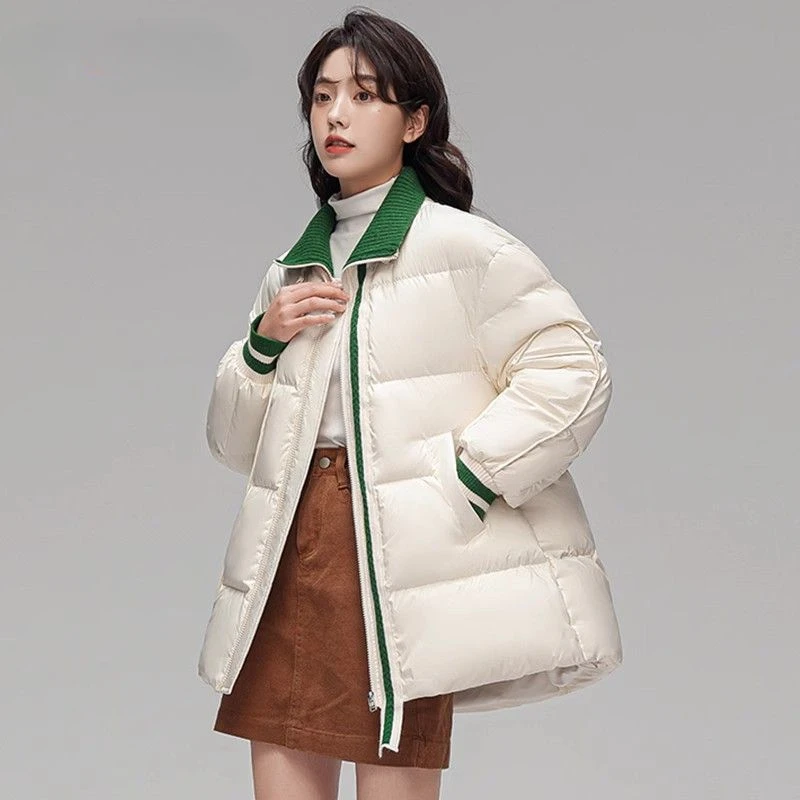 

Fashion Mid-length Women's Down Jacket Winter Ultra Light White Duck Outerwear Thicken Loose Windproof Warm Snow Bread Coats B82