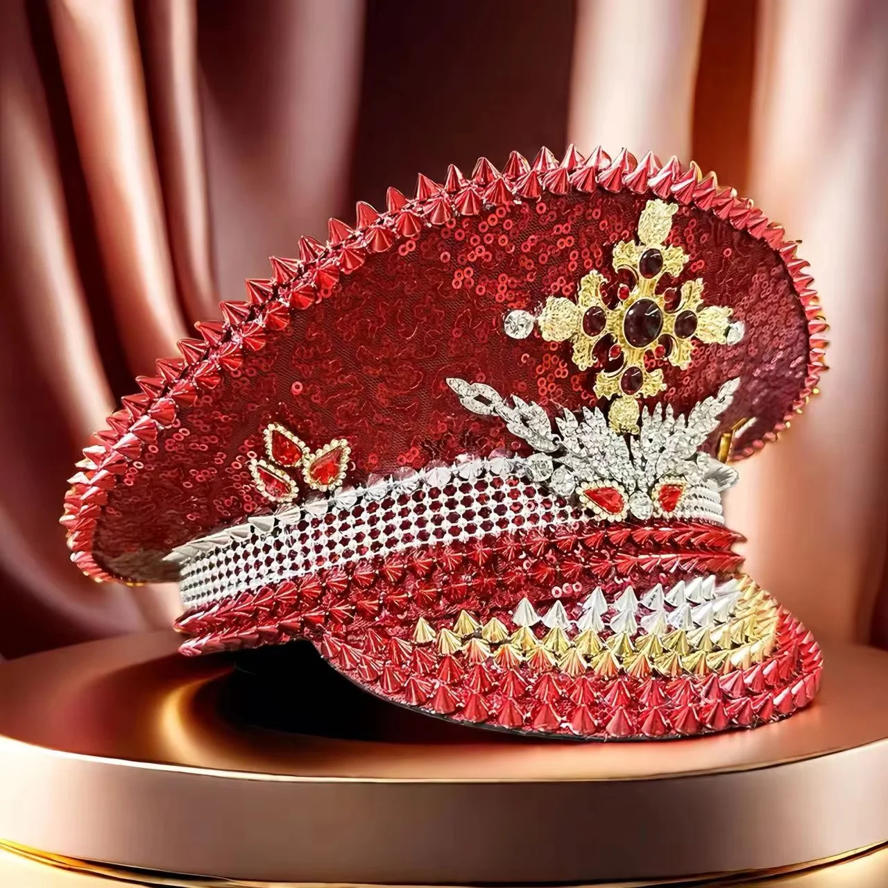 HongLuan Yellow Laser Leather Loop Captain Hat Rhinestone & Military Caps for Woman, Rave Festivals Accessories ＆ Party Cap Man