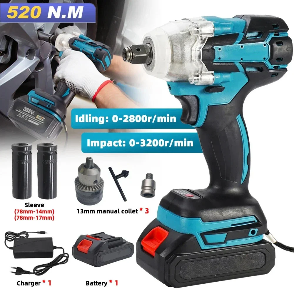 520N.m Cordless Electric Impact Wrench Brushless Electric Wrench Hand Drill Socket Power Tool