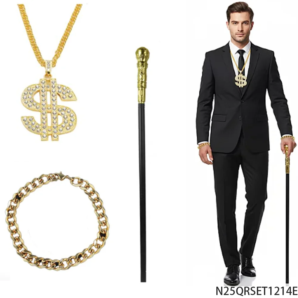 

PESENAR 90s Retro Hip Hop Costume Accessory Set Dollar Sign Necklace Bracelet Cane Party Prop