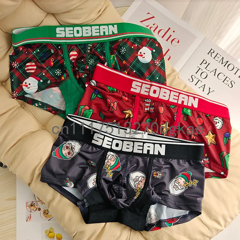 Seobean 3-Pack Christmas Elements Men's Comfortable Fashion Briefs Flat Angle Underwear for Men