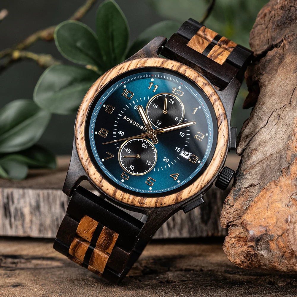 

BOBO BIRD Wood Watch Men Business Quartz Watches Engraved Wooden Chronograph Wristwatch with Date Display Custom reloj madera