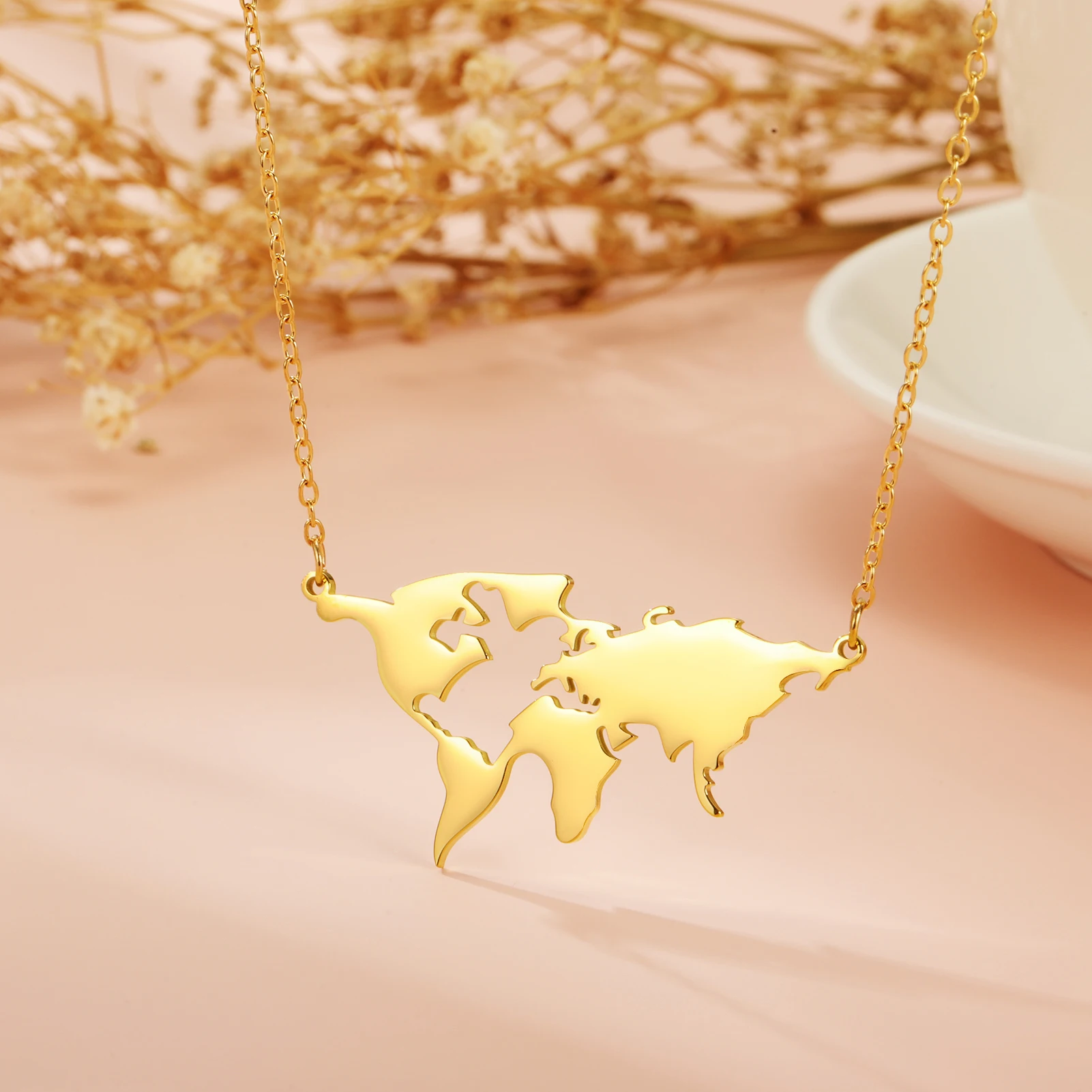 Stainless Steel Globe World Map Necklace for Women Gold Steel Color Jewelry Gift