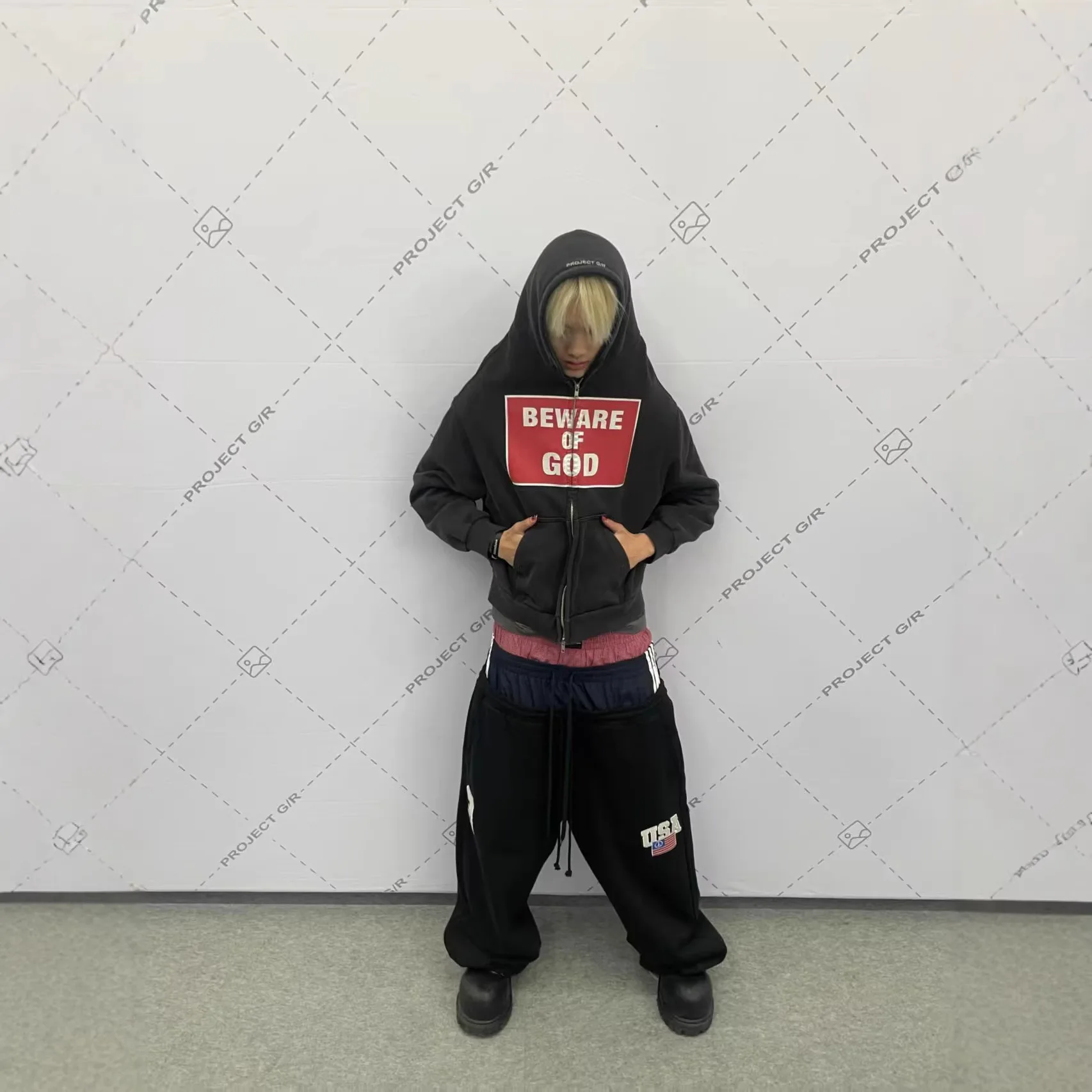 Protocol Index Grailz - Lettered slogan printed, washed and distressed denim hoodie jacket - PROJECT G/R