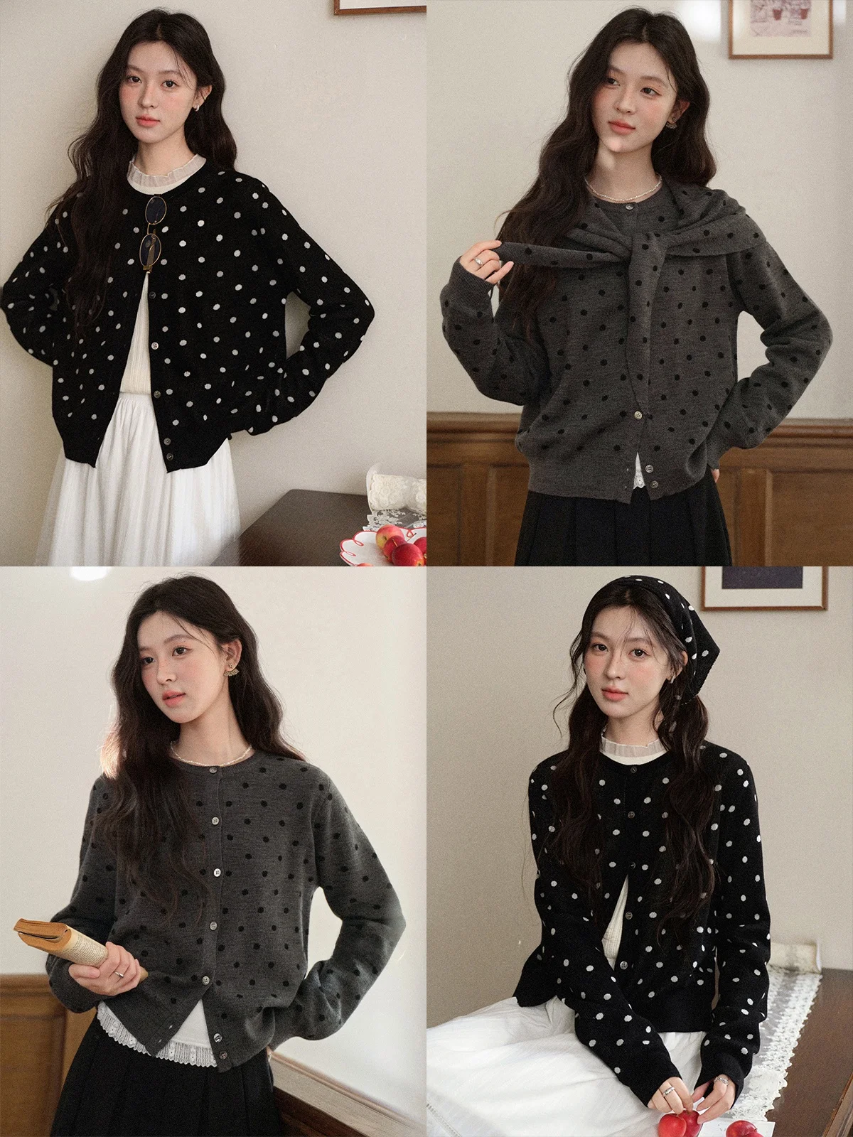 

Ele round Ne Polka Dot Sweater Cardigan Women's Faion Slimming Top Age Reducing Versatile Autumn Initials