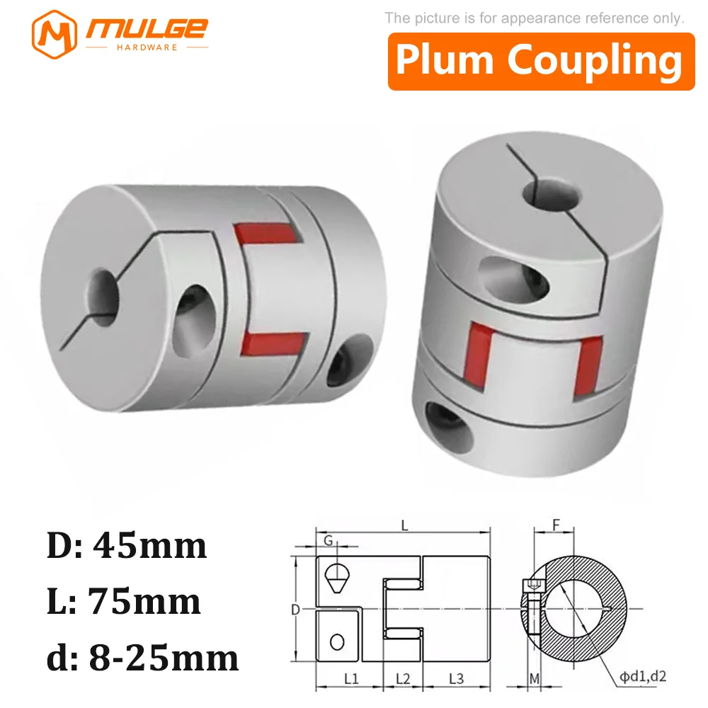 1PCS D45L75 Flexible plum clamp Motorcoupler shaft size CNC Jaw shaft coupling 8mm-25mm