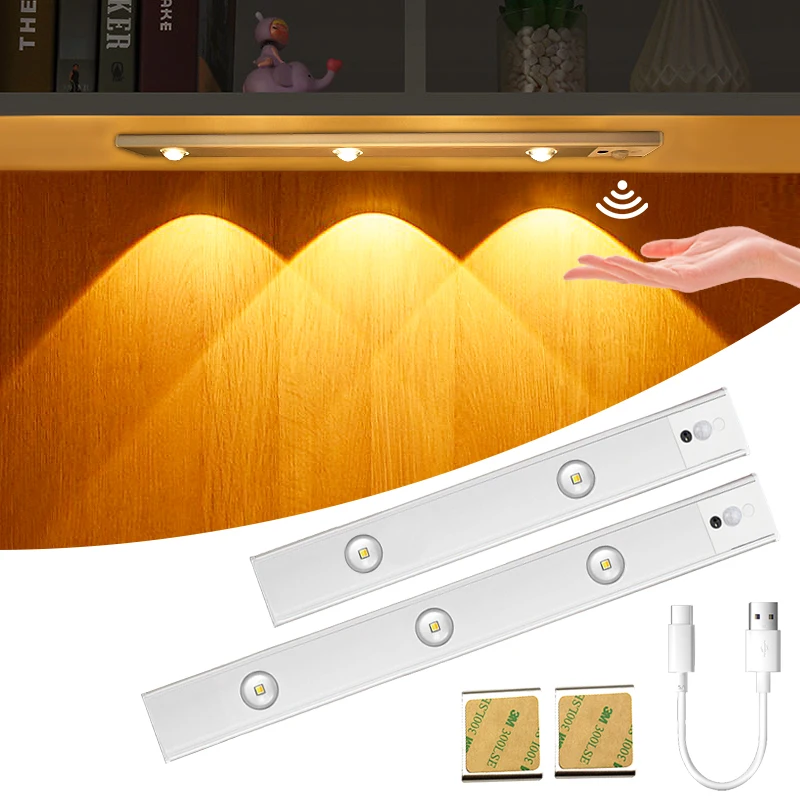 

USB Rechargeable LED Under Cabinet Light Cat Eye PIR Motion Sensor Cupboard Wardrobe Lamp Infrade 3Color Hand Sweep Sensor Light