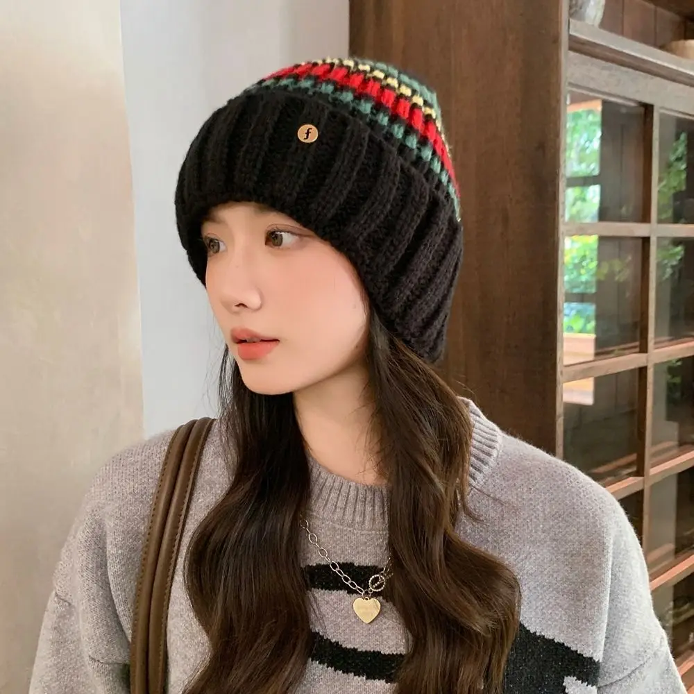 

Vintage Striped Knitted Hat Trendy Korean Style Casual Wool Hat Coldproof Breathable Winter Pullover Hat Apparel Accessories