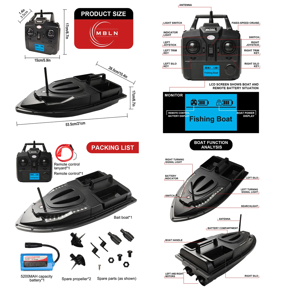Marca, barco de cebo de pesca, motores duales, luz trasera de dirección, Control de crucero, capacidad de carga de 1,5 kg, corrección automática de ganado, alerta de batería baja - imagen 2
