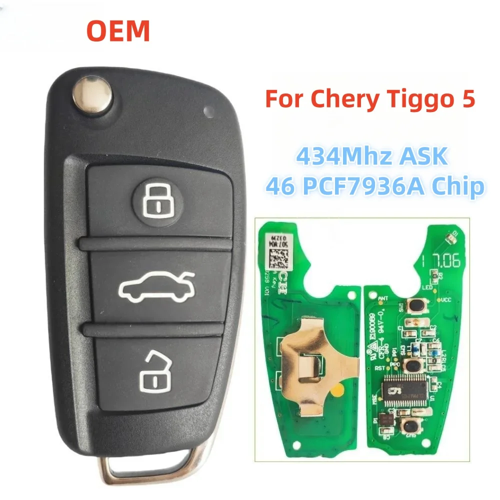 Zoey-key OEM Flip Remote Key For Chery Tiggo 5 434Mhz ASK ID46 PCF7936A / HITAG2 7936 Chip 3 Buttons