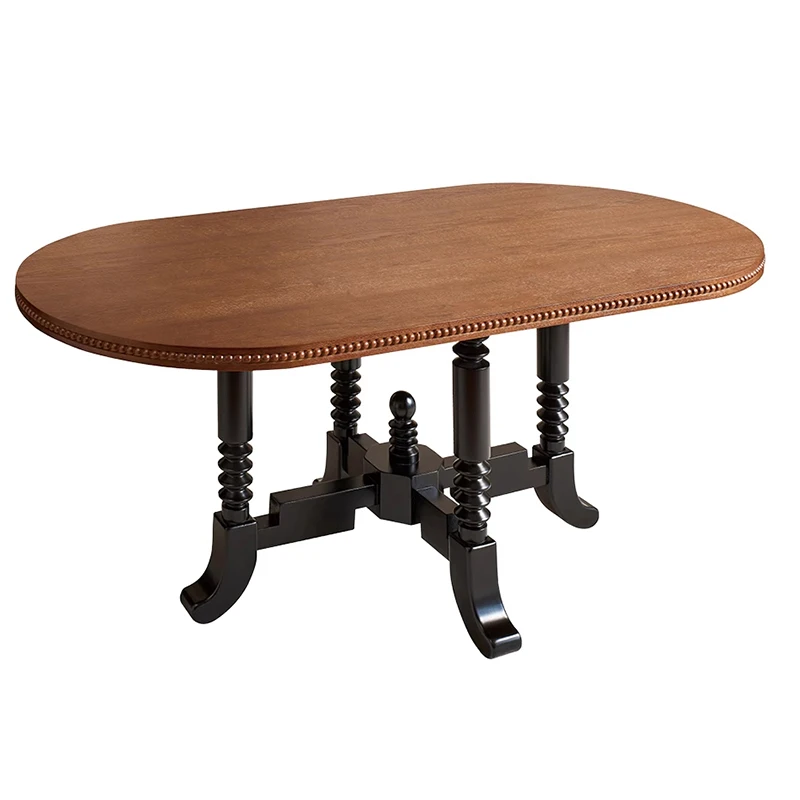 

Vintage French Peninsula Dining Table Hotel Villa Dining Room Wooden Black Brown 4 Seat Dining Table Furniture