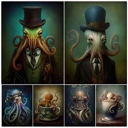 Victorian Octopus In A Top Hat And Kraken Sea Diver Vintage Wall Art Canvas Painting Funny Ocean Animal Art Poster Print Decor