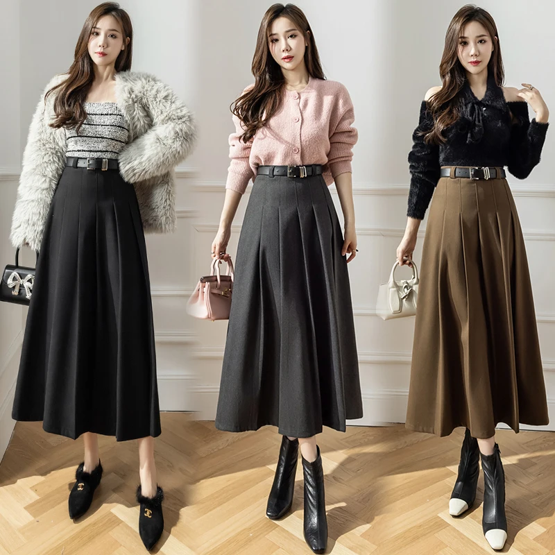 Vintage High Waist Pleated Wool Skirt Woman Elegant Korean Winter Long Maxi Skirts For Women Belt Black Brown Gray Jupe Femme