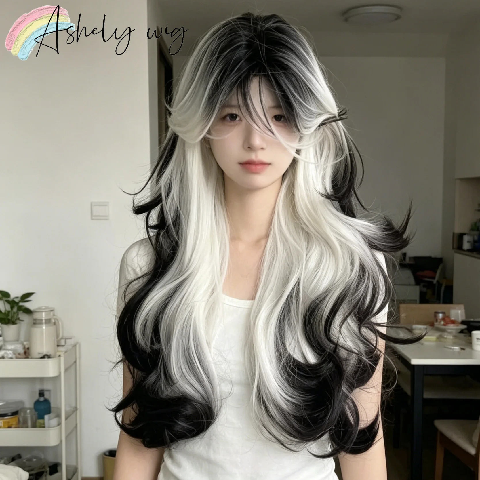 Black White Ombre Long Wavy Wig for Women, Natural Middle Part Large Curly Headband Wigs Cosplay Synthetic Wig Daily Cosplay