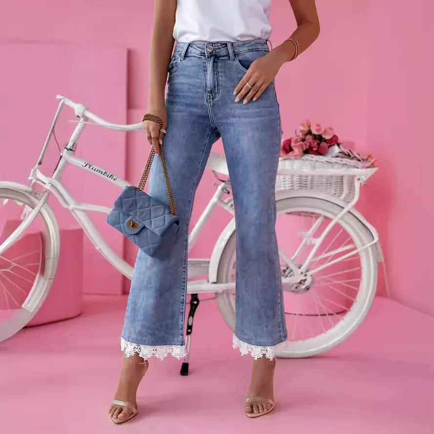 

Women Fashion Jeans Lace High Waisted Slim Flared Jean 2024 Denim Pants Cowboy Trousers Women's Clothing Pantalones De Mujer