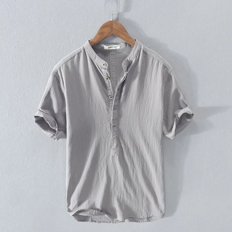 Cotton Linen Men's T-Shirt Summer Vintage Short Sleeve Stand Collar White  Shirt Breathable Lightweight Chinese Style Shirt
