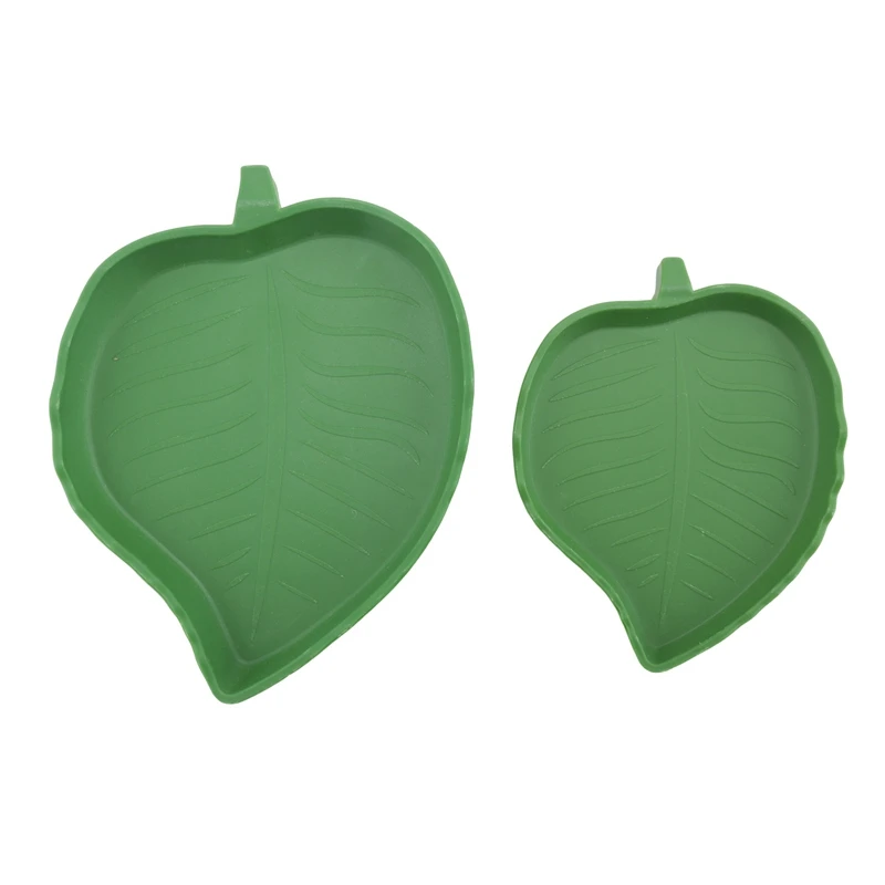 2 Piece Leaf Shape Reptile Food Water Bowl Green Plastic Reptile Plate Dish Drinking Bowl For Tortoise Corn Snake Crawl Pet