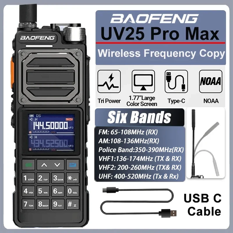 Baofeng-walkie-talkie UV-25 de 10W, transmisor de frecuencia inalámbrica de seis bandas, copia UV 25 PRO MAX BF X5, cargador tipo C, Radio FM de largo alcance de dos vías