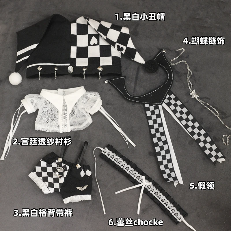 In Stock 20cm Doll Clothes Black White Dark Clown Circus Hat Butterfly Chain Shirt Clothing Suit Stuffed Plushies Doll Accesso