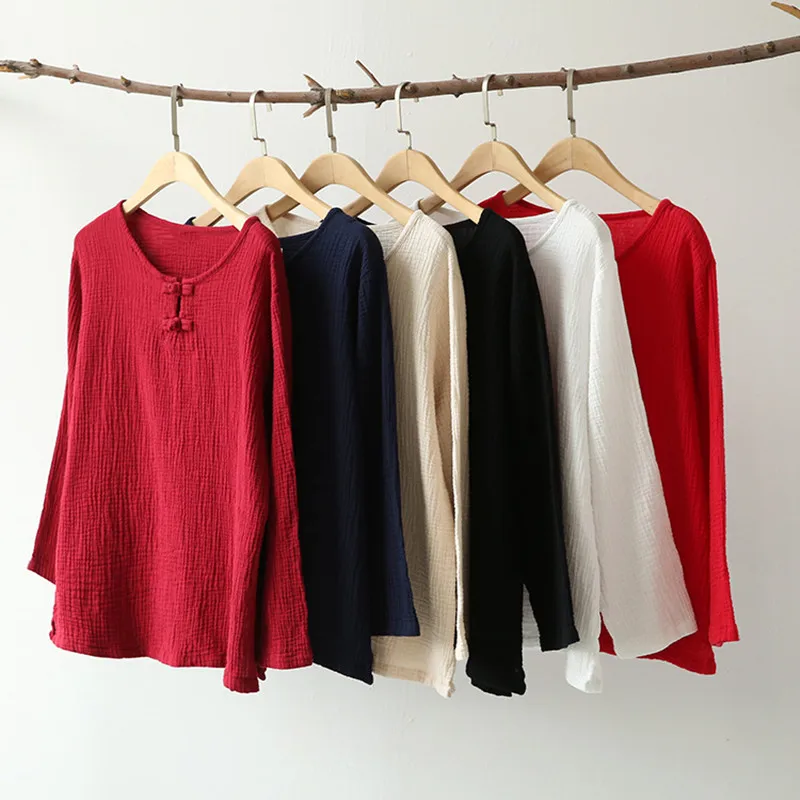 2024 cotton linen Women casual Shirts  Long sleeve Blouse O-Neck Tops chemise femme blusas WHITE RED BLACK