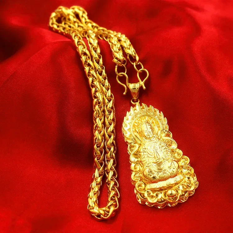 Imitation 24K  Real Gold Boss Necklace Men's Verbena Chain with Guanyin Dragon Brand Guan Gong Pendant Pure Gold Jewelry