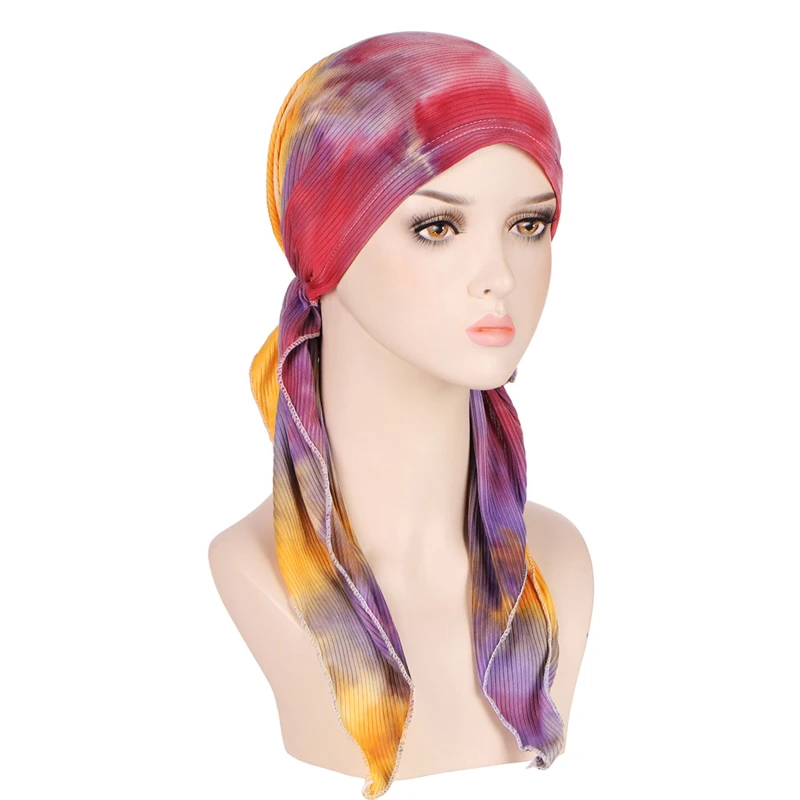 Night Sleep Cap Women Turban Headscarf Muslim Hijab Head Cover Tie Dyed Curved Floral Cloth Hat Milk Silk Pullover Small Hat