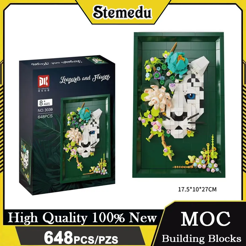 648 pièces de blocs de construction en forme de léopard des neiges et de fleurs, cadre photo mural, petites briques, bricolage, décoration créative pour la maison, cadeau pour adultes
