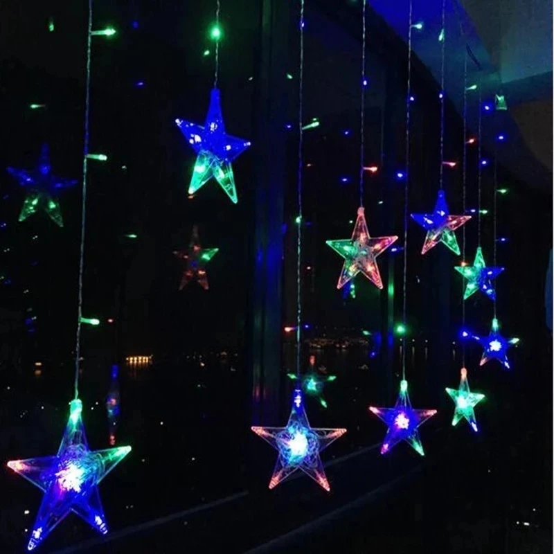 Christmas Fairy Garland Star 220V EU PLUG 2M 6.5ft LED Curtain String Lights Indoor 138LEDs 8 Modes For Home Decoration New Year