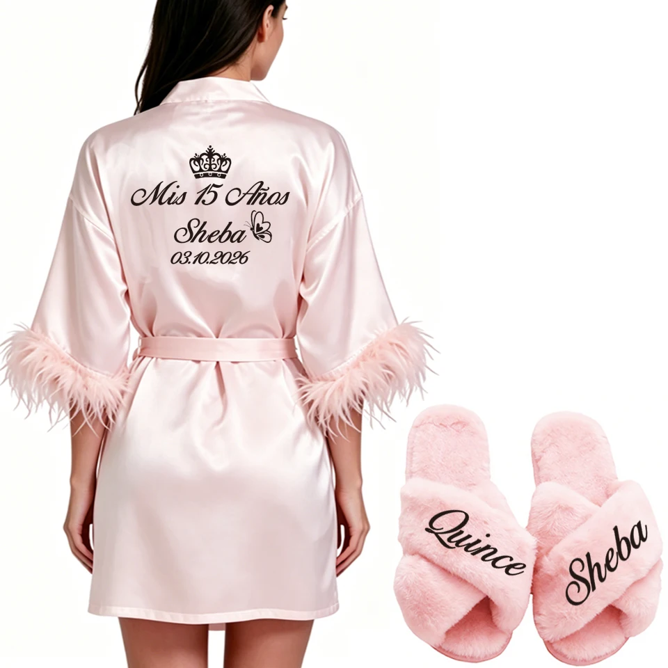 

Personalized Name and Date Feather Robe Bride Bridesmaid Bathrobe Birthday Party Gown Add Any Text Robes