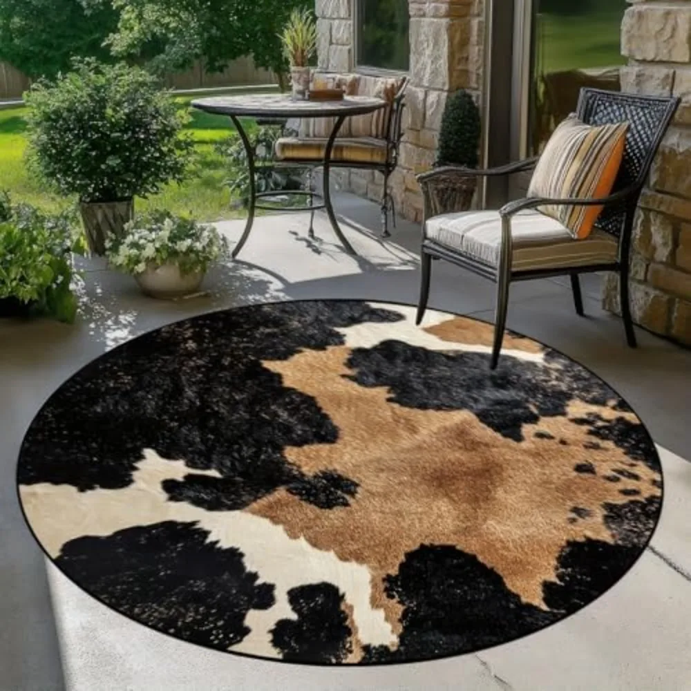 Round Area Rug Irregular Spotted Matrix Printed Synthetic Animal Skin Pattern Dark Charcoal Base for Patio Balcony Floor