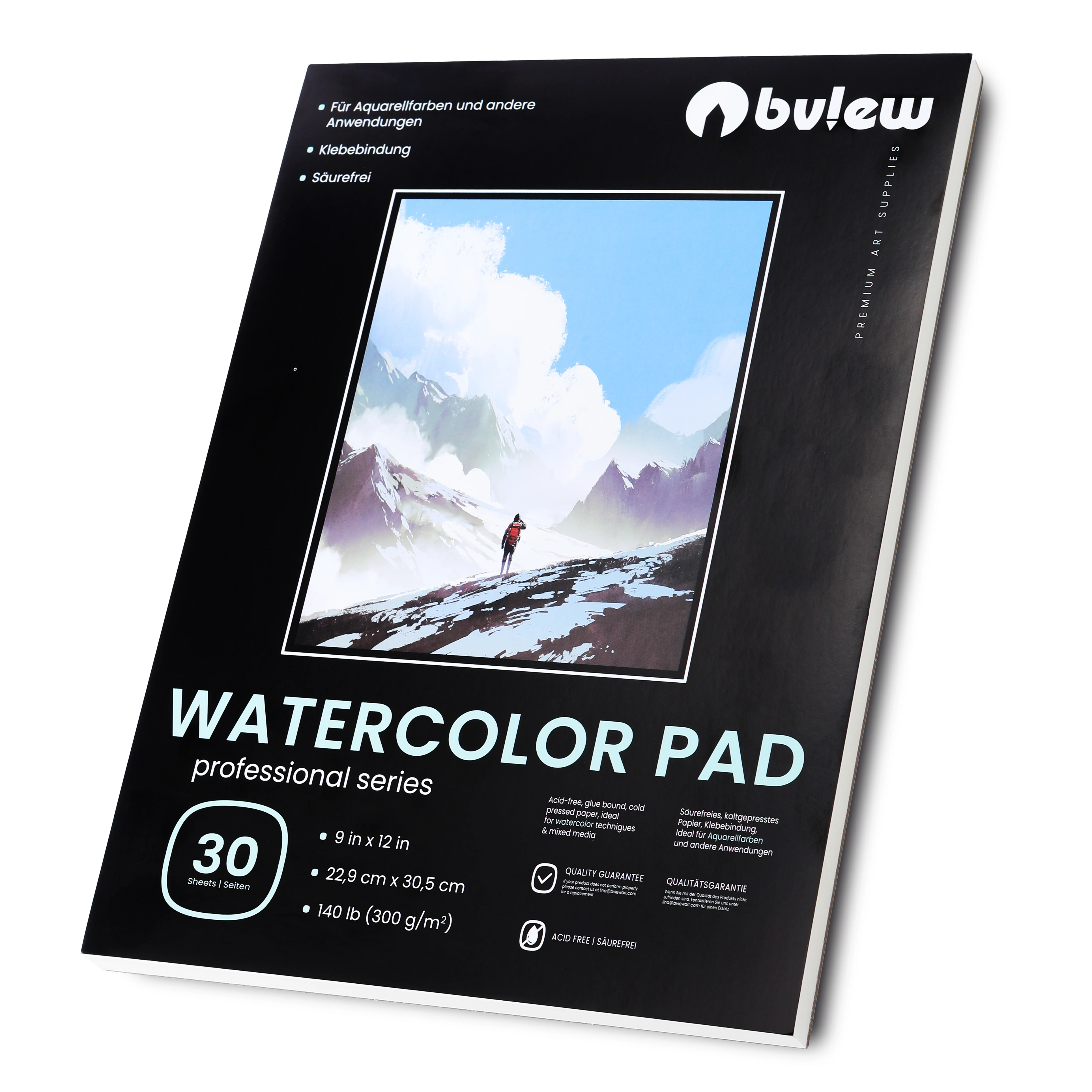 Bview Art Professional Watercolor Paper Pad 9x12 inch, 30 Sheets (140lb/300gsm) for Artists, Sketching, Painting