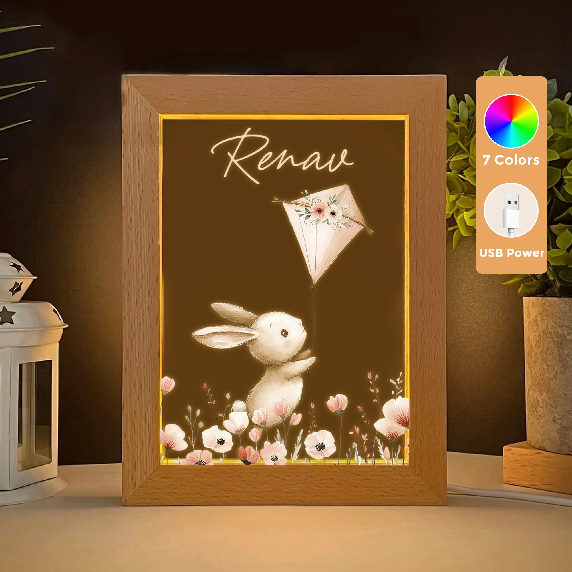 

Custom Kids Name Cartoon Bunny Flying LED Acrylic Night Wood Frame Personalized Gift Animal Light Lamp kids Room Home Decor