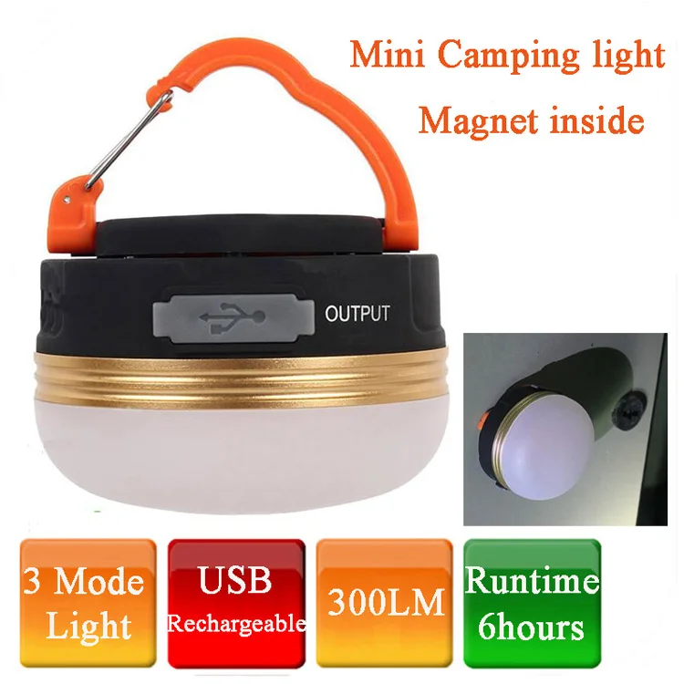 Miniluz LED colgante para acampada al aire libre, lámpara impermeable de 300 lúmenes, 3W, recargable por USB, con imán en el interior