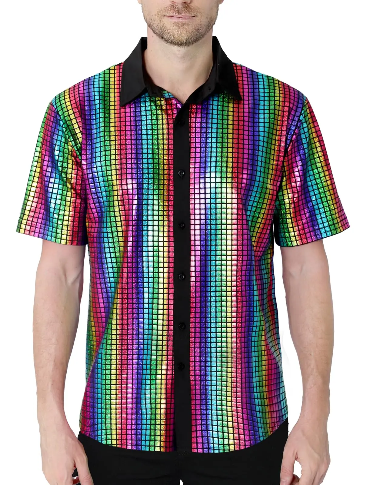 Mens Shiny Metallic Shirts Dances stage Performance Costume Adult Disco Outfits Short Sleeve Sparkling Party Shirt