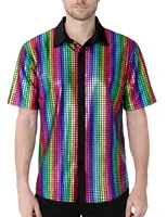 Camisas metálicas brillantes para hombres, traje de actuación en escenario, trajes de discoteca para adultos, camisa de fiesta brillante de manga corta