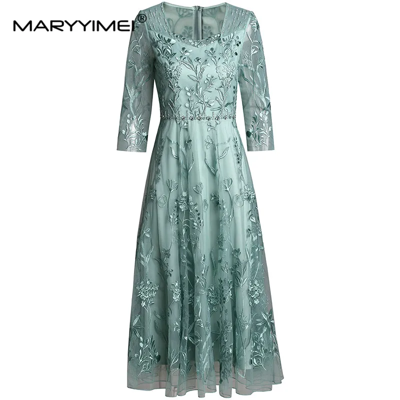 

MARYYIMEI New Fashion Runway Designer Women's Square-Neck Three Quarter Sleeved Mesh Embroidery Splicing High Street Dresses