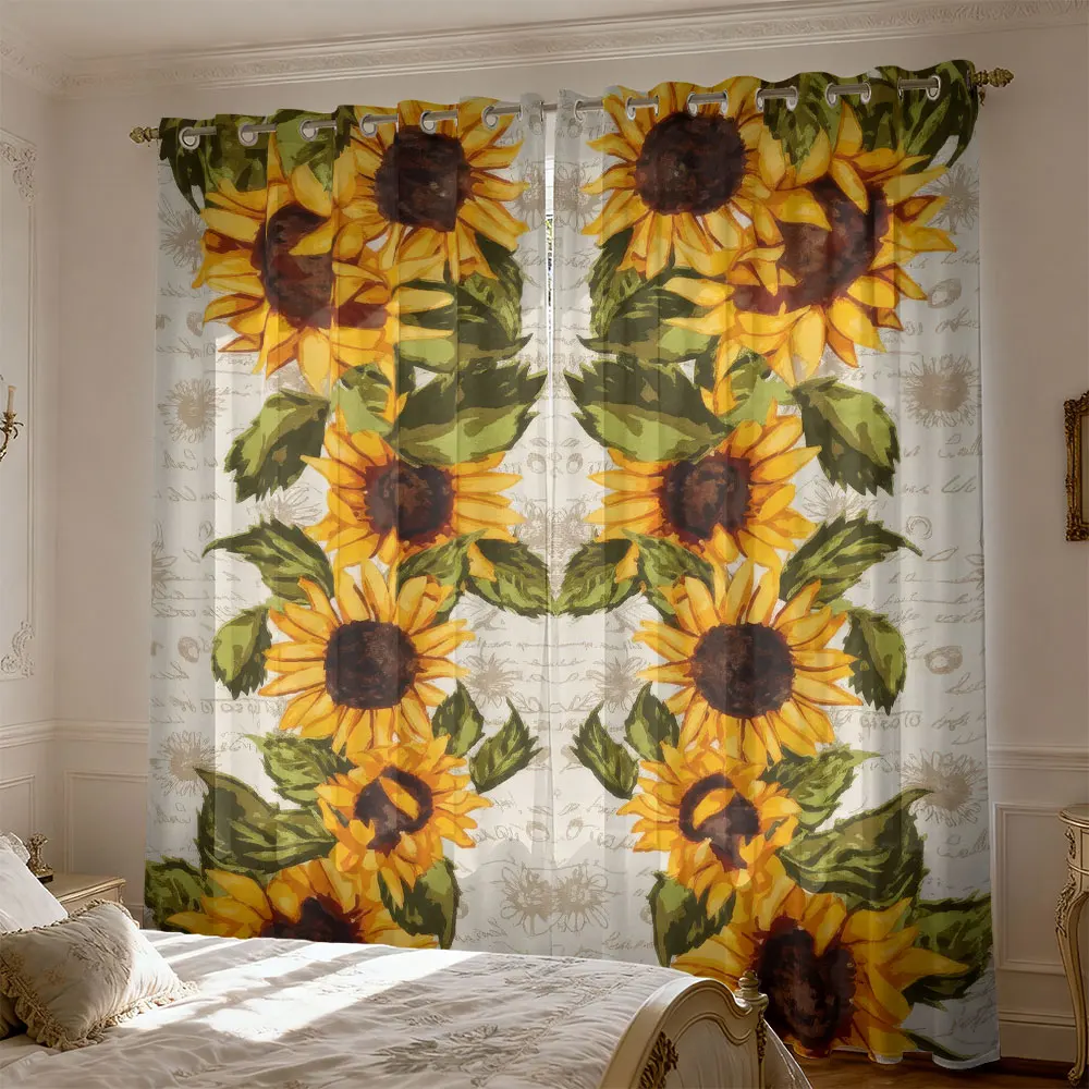 2pcs retro hand-painted sunflower symmetrical print patterns living room and bedroom, used for shading and privacy decoration