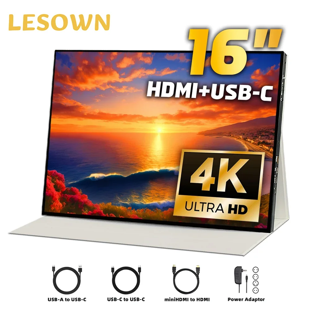 LESOWN 4K 3840x2400 Widescreen Portable Monitor 16 inch IPS Touch Screen 16:10 USB C HDMI Travel Secondary Display for Computer