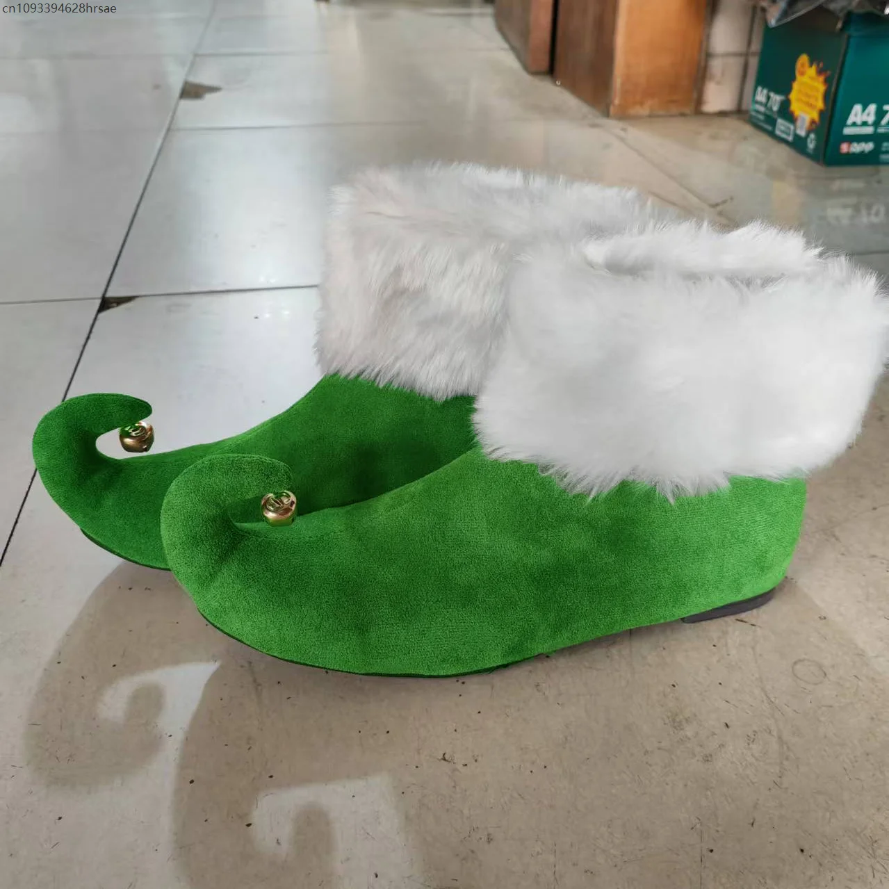 Botas de camurça de natal com cascabos verde vermelho papai noel capa de pele inverno sapatos elfos halloween role play