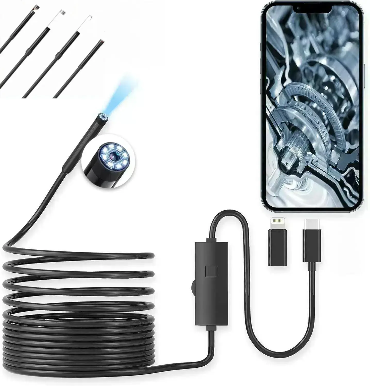 

HD-эндоскопическая камера с подсветкой, типом C и бороскопом с подсветкой для Android и iPhone iOS, 16,4 фута, 1920P