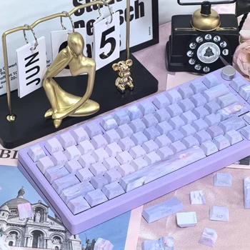 korean Purple Keycap 130Key Monet Dreamy Water Lily KR keycap Pbt Cherry Sublimation DIY Side-Engraved Translucent Hangul Keycap